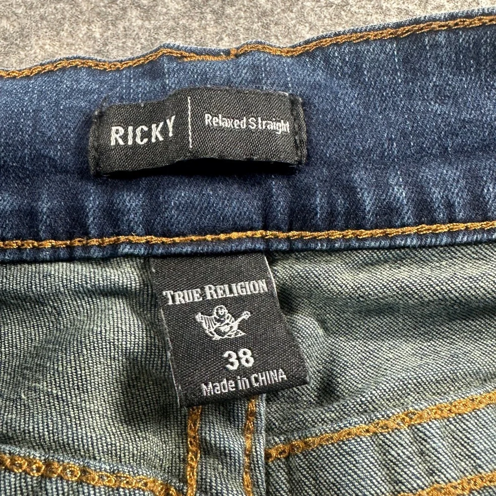 True Religion‎ Ricky Relaxed Straight Jeans Mens 38 Blue Dark Wash Flap Pocket